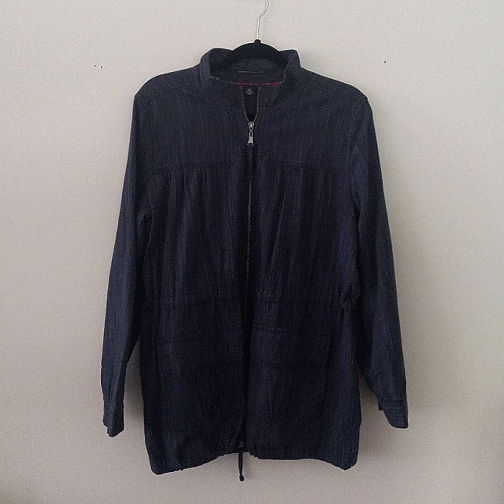 ISDA and Co. Dark Blue Cotton/Linen denim drawstring zip  utility jacket Large